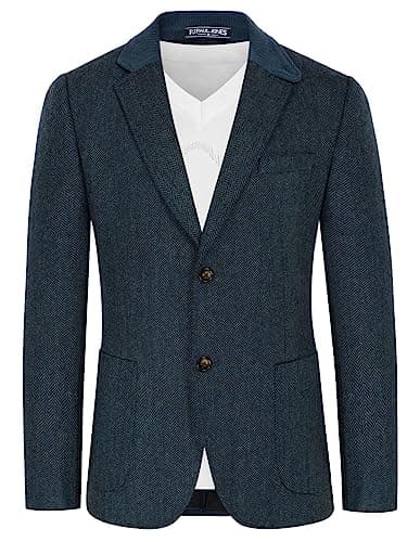 Image of PJ Paul Jones Mens Herringbone Blazer Vintage Tweed Wool Blend Sport Coat Jacket, Dark Blue, S