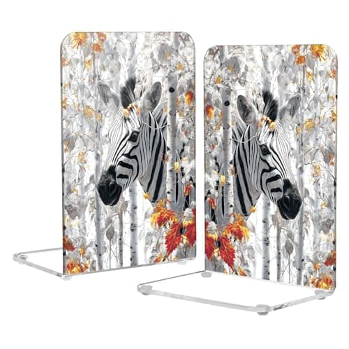 Image of Modern Bookends for Shelves Clear Book Stand for Kids Room Desk 3D Zebras Maple Leaves Tree