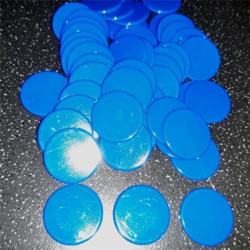 Image of 22mm plastic games counters. pack of 50 counters. Each counter measures 22mm x 1.6mm thick (Blue)