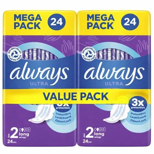 Image of Always Ultra Sanitary Towels - 48 Pads (Pack of 2x24), Size 2, Long with Wings, Moderate Flow, 3X Protection, InstantDry, LeakGuard, OdourLock, ComfortLock, Dermatologically Approved