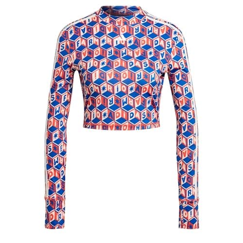 Image of adidas Women's Farm Rio Cropped Long Sleeve Training Shirt Sweatshirt, Bright Blue/Light Red, XS