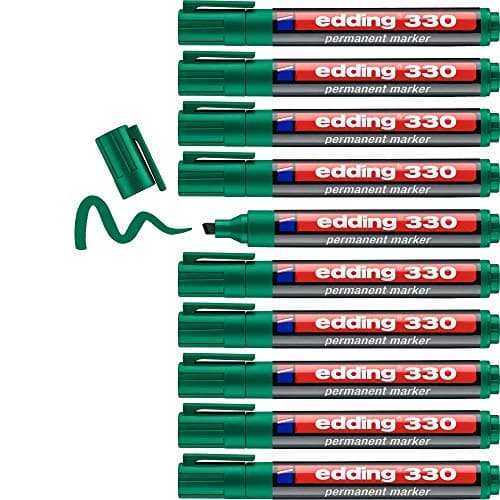Image of edding 330 permanent marker - green - 10 pens - chisel tip 1-5 mm - waterproof, quick-drying, smear-proof pens - for cardboard, plastic, glass, wood, metal and fabric