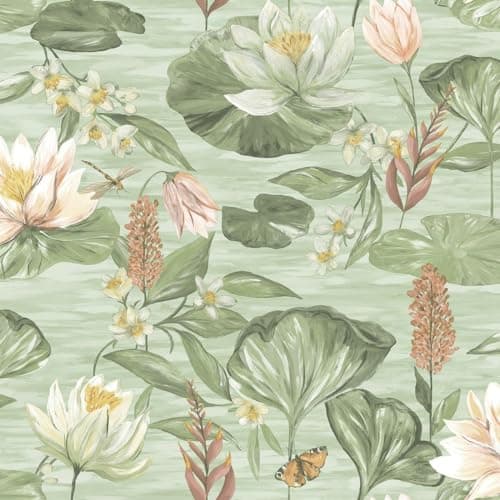 Image of Holden Rural Paradise Lily Pad Wallpaper - Modern Wallpaper for Living Room, Bedroom, Fireplace - Decorative Luxury Floral Wall Paper with Marsh & Pond Pattern (Green)