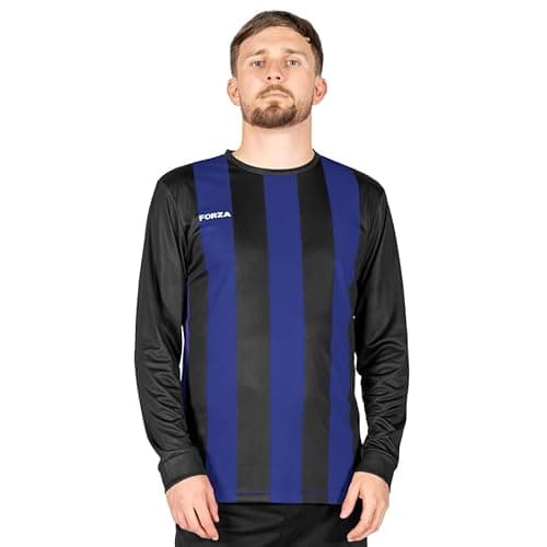 Image of FORZA Men’s Striped Long Sleeve Jersey Shirt [XS-XXL] – Premium Long Sleeve Football T-Shirts Jersey | 5 Stripe Colour Options (UK, Alpha, S, Regular, Regular, Black & Blue)