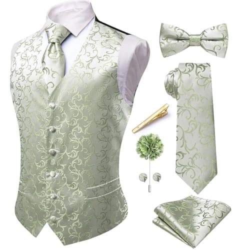 Image of Hi-Tie Men's Sage Green Waistcoats Silk Paisley Formal Suit Waistcoat Tie Bowtie Hanky Cufflinks Set Tuxedo Business 7PCS