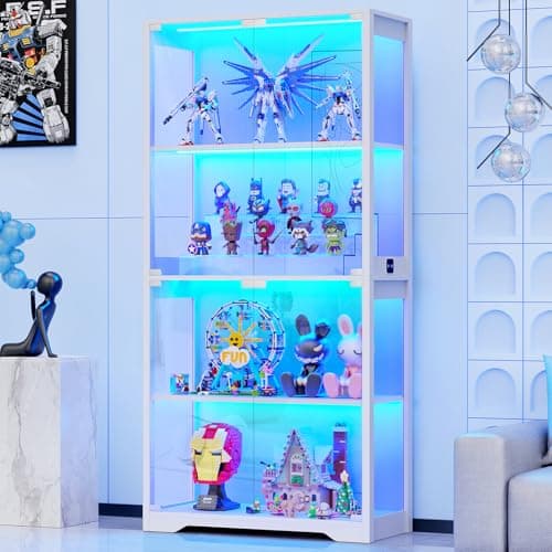 Image of BROTTAR Display Cabinets with Glass Doors & 3 Color Lights, 4 Tier Curio & Bookcase Storage Cabinet for Living Room, Glass Display Cabinet for Collectibles, Trophy, Books, White