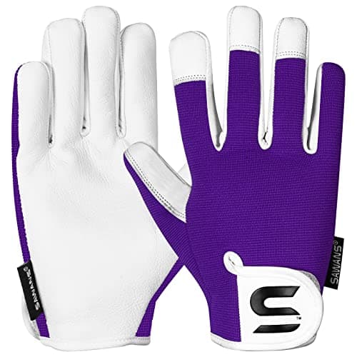 Image of SAWANS Leather Gardening Gloves Ladies and Mens Thorn Proof Garden Gloves for Women and Men Ideal Gardening Gifts Durable Goatskin Work Gloves (M, Purple)