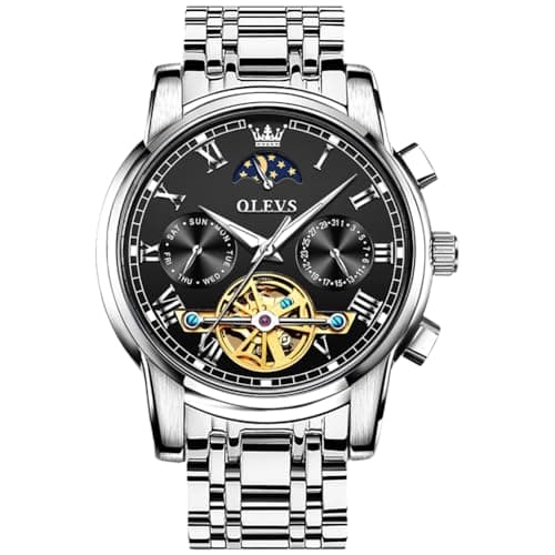Image of OLEVS Men's Mechanical Chronograph Watch Black Silver Stainless Steel Automatic Business Luxury Gent's Watch Waterproof Multi-Function Watches for Men