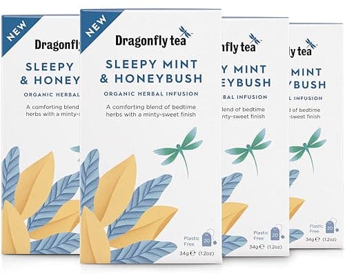 Image of Dragonfly Sleepy Mint and Honeybush Tea - 4 x 20 Organic Tea Bags (80 Count) - Soothing and Calming Sleep Aid, Plastic Free