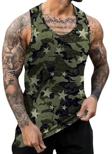 Image of ONLYSTORY Mens Graphic Tank Tops Crewneck Gym Muscle Beach Hawaii Sleeveless Shirts, Printed-green Camo Star, XL