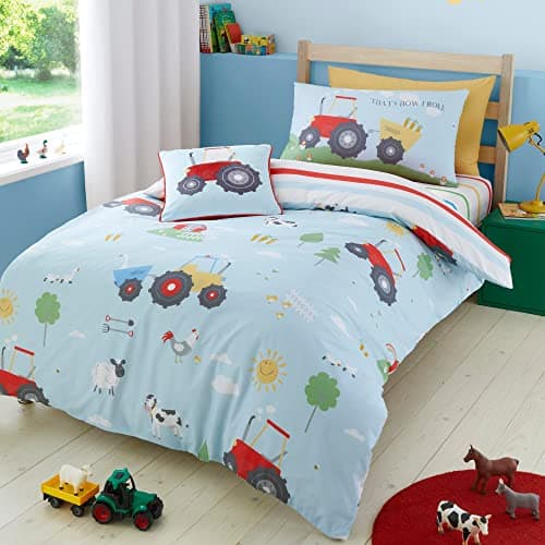Image of Bedlam - Farm Duvet Cover Sets - Double Bedding Size (200 x 200cm) - Farm Animals & Construction Tractor Bedding - Reversible Design - Farmyard Friends Collection, Blue