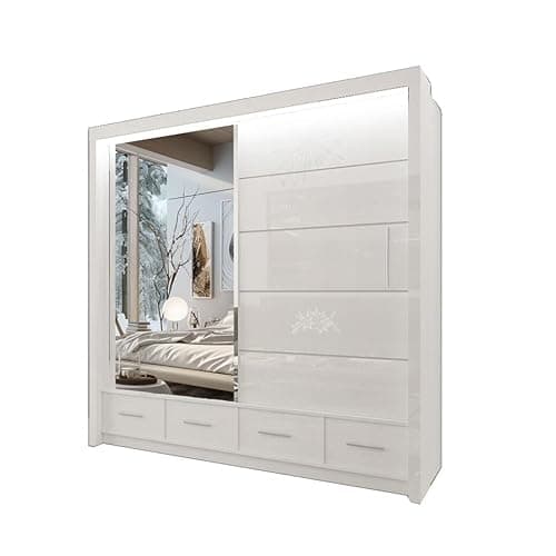 Image of Style Heaven Modern High Gloss Sliding Door Wardrobe for Bedroom,2&3 Mirrored Sliding Doors wardrobes 11 Adjustable Shelves &1Hanging Rail,made of MDF Chipboard,aluminium Handles Sycilia(208cm White)