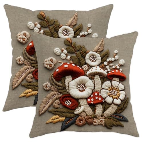 Image of Mushroom Embroidered Printed Throw Pillow Covers Set of 2, Beige Floral Decorative Cushions for Fall Home Decor, Cozy Rustic Cottage Style for Sofa Couch Bed 18x18 Inch