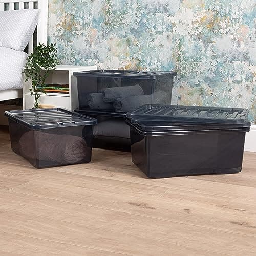 Image of Wham Crystal 5x 45L Plastic Storage Boxes with Lids Tint Smoke (Black). Medium Size, Strong (Pack of 5, 45 Litre). Made in the UK