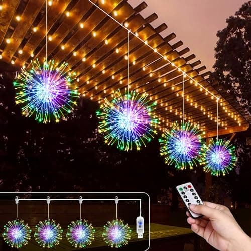 Image of Micacorn Christmas Lights Firework Fairy Lights 4Pack Hanging USB Firework Lights 480 LEDs 8 Modes Starburst Sphere Lights Waterproof Copper Wire Lights with Remote for Home Party Xmas Decorations