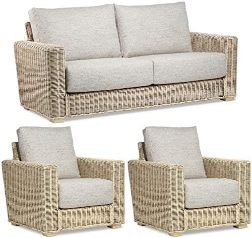 Image of Desser Burford Rattan Summerhouse Furniture Set – 3 Seater Sofa & 2x Armchairs – Fully Assembled Luxury Indoor Rattan Real Cane Wicker Chair & Settee Suite with UK Manufactured Cushions – Blush Tweed