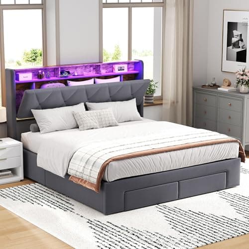 Image of Besbed King Size Bed Frame with Storage Drawers, 5ft Upholstered Ottoman Bed with Charging-Station & LED-Lighting, Soft Velvet Bed with Concealed Headboard Storage, No Mattress (Grey, 150 x 200 cm)