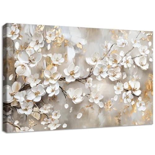 Image of Wooden Framed Large Canvas Wall Art White Flowers Painting On Canvas Prints Beige Floral Tree Minimalist Modern Artwork Poster Pictures for Living Room Bedroom Home Office Wall Decoration 120x80cm