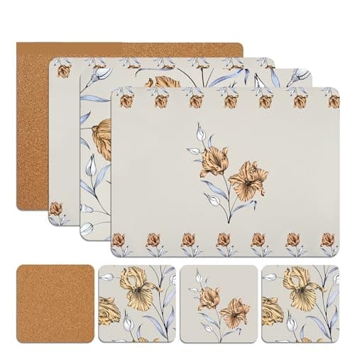 Image of Placemats and Coasters Set – 8-Piece (4+4) Heat-Resistant, Waterproof, Non-Slip Cork Table Mats for Dining & Kitchen, Christmas Table Settings – (Botanical Green)