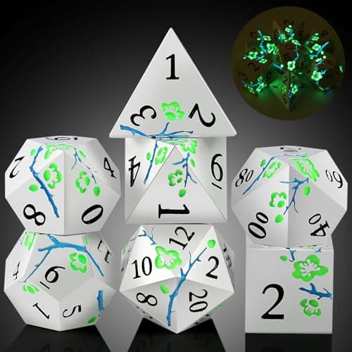 Image of Glow in The Dark Metal Dice, DNDND 7 PCS Green Metallic D&D Dice Set with Grogeous Gift Case for Dungeons and Dragon Tabletop Game (Glow in The Dark Green)
