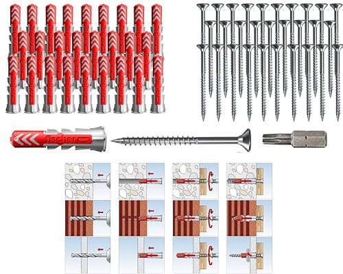 Image of Fischer Duopower Dowels with Screws and Bit, Universal Dowels, Powerful 2K Dowels, for Mounting in Concrete, Bricks, Stone, Plasterboard (5 x 25 mm + 4 x 35 mm Screws, Pack of 50)