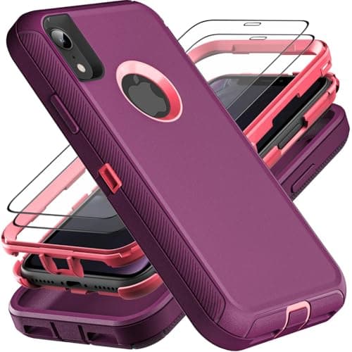 Image of YmhxcY for iPhone XR Case, Military Grade 3 in 1 Heavy Duty Shockproof/Drop Proof/Dust Proof Case with 2Pcs Tempered Glass Screen Protector (Purple/Pink)