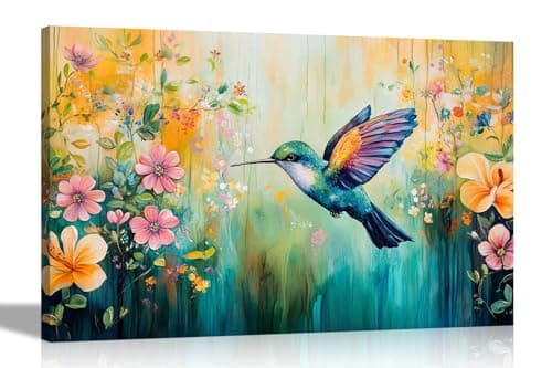 Image of Artley Prints - Abstract Flowers Feeding Hummingbird Colourful Canvas Wall Art For Home Conservatory Gardening Prints Pictures Large 86 x 61cm (34 x 24 inches) A1