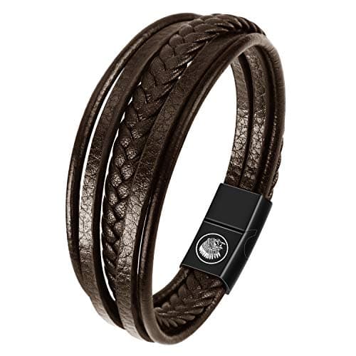 Image of Casisto.J Mens Leather Bracelet – Classic Handmade Braided Black & Brown Cuff Bracelet with Engraved Magnetic Clasp Free Jewelry Gift Boxed