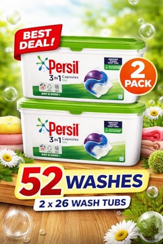 Image of Persil 3-in-1 Bio Laundry Capsules, 52 Washes Total, Plant Based Formula, Stain Remover, 2 x 26 Wash Tubs, Biodegradable Concentrated Capsules with Fresh Scent