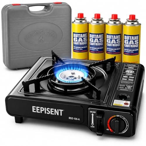 Image of EPISENT Portable Camping Gas Stove with Carry Case and 4 Butane Gas Cans, Single Burner 2600W, Automatic Ignition, Adjustable Flame, for Camping Caravans Festivals Tabletop Cooking