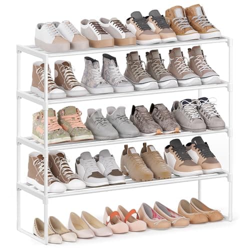 Image of SONGMICS 4-Tier Shoe Rack, Shoe Storage Organiser, Metal Storage Rack, Upright or Upside Down, Fits 16 to 20 Pairs, Stackable, for Hallway, 30 x 92 x 74 cm, Pearl White LSA014WK01