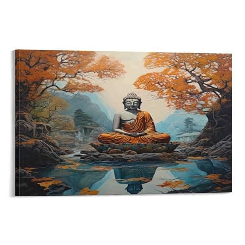 Image of CPLVKWRQJ Buddha Meditation Scene Individual Buddha Autumn Forest Stream Reflection Canvas Print - Office Wall Art Fade Resistant Statement Piece Ready to Hang 08x12inch(20x30cm)