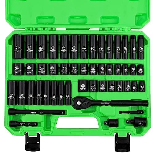 Image of SWANLAKE 3/8" Drive Impact Socket Set, 50-Piece Standard SAE (5/16 to 3/4 inch) and Metric (8-22mm) Size, 6 Point, Cr-V, 3/8-Inch Ratchet Handle, Extension Bar, Universal Joint