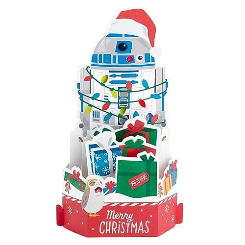 Image of Hallmark Christmas Card, Star Wars, R2-D2, Musical, Light-Up, Pop Up Christmas card, 3D Christmas Card, Paper Wonder, Blue, White, Red