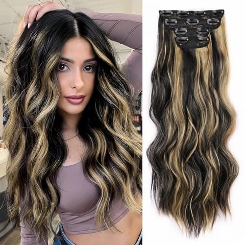 Image of JIAMEISI Clip in Hair Extensions 4PCS Full Head Long Wavy Hair Extensions Synthetic Fiber 22 Inch 200g Clip in Thick Hairpieces for Women/Girls (#1B/27 Natural Black Mixed Honey Blonde)