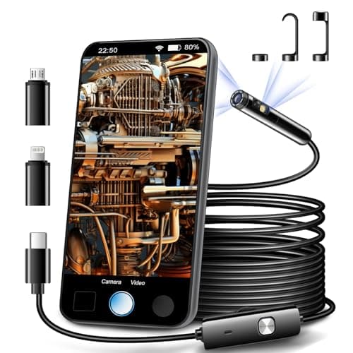 Image of Dual Lens Endoscope Inspection Camera by AURTEC, Dual HD Lens, IP68 Waterproof, 16.5FT/5M Semi-Rigid Cable, Borescope Camera with LED Lights, Compatible with Android and iOS Devices