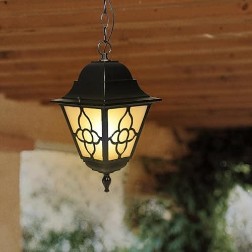 Image of NOUVO Outdoor Hanging Lantern – Black Aluminum with Decorative Glass Panels, IP44 Waterproof (Bulb Not Included), E27 Socket, 100-240V, Perfect for Porch, Patio, Entryway Garden or Outdoor Lighting