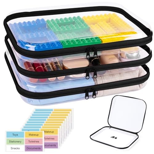 Image of AKONEGE 3 Pack Large Hard Shell Zipper Case, Waterproof Clear Toiletry Bags for Travel, Protective Cosmetic Makeup Organizer, Storage Pouch for Puzzles, Board Games, Stationery, Toys, 35x30x5cm, Black