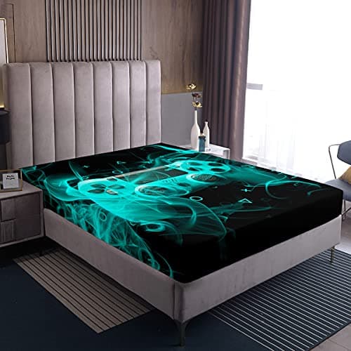 Image of Teenagers Gamer Fitted Sheet Children Gamepad Fitted Sheet Single for Boys Girls Video Game Controller Box Spring Bed Sheets Teenagers Game Console Sheets Blue Black