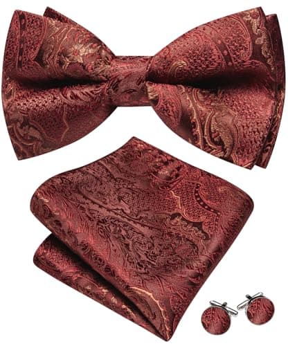 Image of Barry.Wang Rust Bow Ties for Men Paisley Silk Pre-Tied Bowtie Set Pocket Square Cufflinks Formal Wedding Party Prom