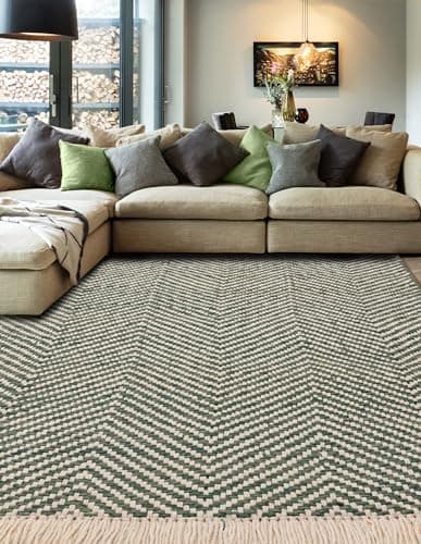 Image of Lord of Rugs Jute Wool Rug for Living Room Bedroom Herringbone Bohemian Flatweave Short Pile Floor Carpet Natural Hand Woven Vigo Fringed Area Rug Green Medium 120x170 cm (4'x5'6")