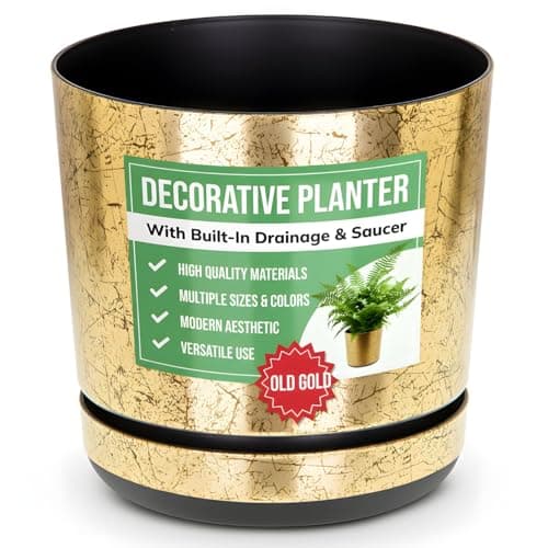 Image of KORAD Old Gold Flower Indoor Plant Pot with Saucer Plastic Gloss Decorative Small Planter with Drainage Holes, 6 Sizes, 25 Colours (12 cm - 4.7 inch)