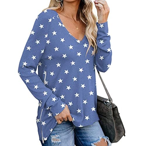Image of Womens Christmas Snowflake Top Long Sleeve V Neck T Shirt Ladies Casual Loose Blouse Star Print Tunic Winter Jumper Tops UK (Blue, XL)