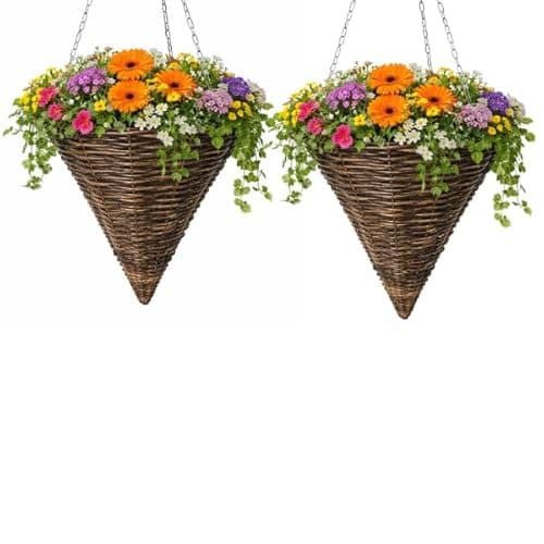 Image of Garden Mile 2 Pack 14 Inch Cone Hanging Flower Baskets – Brown Rattan Wicker Outdoor Planters with Liner & Metal Hanging Chains – Garden, Patio & Balcony Décor