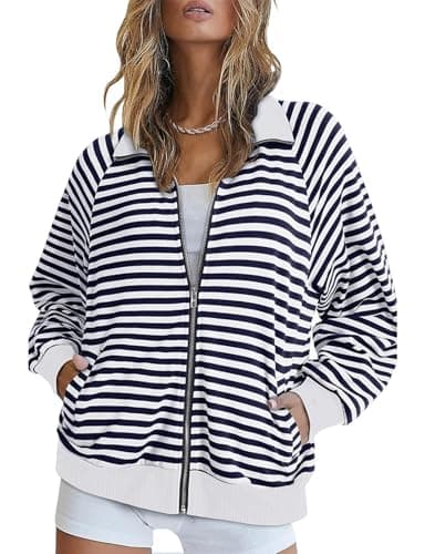 Image of Flikity Sweatshirt for Women Stand Collar Ladies Striped Hoodies Casual Long Sleeve Comfy Warm Tops with Pockets Black White Striped L