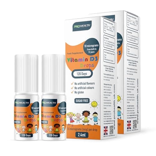 Image of ProHealth Preservative-Free Vegan Vitamin D3 Drops for Infants & Children - Sugar-Free, All-Natural, NHS Approved (4-Month Supply, 2-Pack)