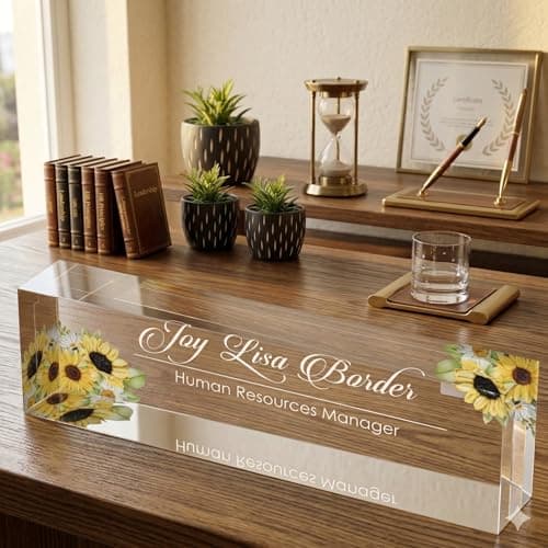 Image of Personalised Office Desk Name Plate Custom Modern Plaque Sign Clear Glass Effect Black Acrylic Base Work Home Gift for Loved Ones
