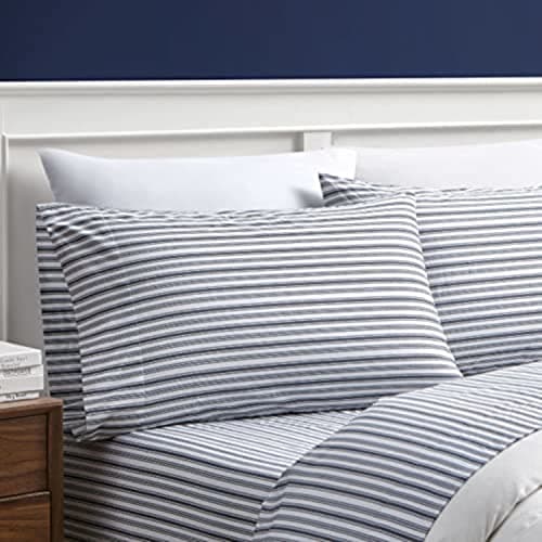 Image of Nautica - Twin XL Sheets, Cotton Percale Bedding Set, Casual Home Decor, Dorm Room Essentials (Coleridge Stripe Charcoal, Twin XL)