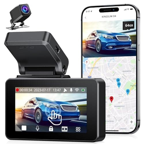 Image of Kingslim Dash Cam Front and Rear 4K, Car Dash Camera for Cars with Free 64GB Card, 3 Inch Touchscreen, Front and Back Dashcam Built-in WiFi GPS, Night Vision, Parking Monitor, Smart App