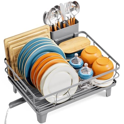 Image of Urackify Dish Drainer Rack, Dish Rack for Kitchen Counter, Drainer Board Rack, Steel Kitchen Sink Drainer Rack with Drainboard, Efficient Drainage, Dish Rack Drainers with Utensil Holder, Grey